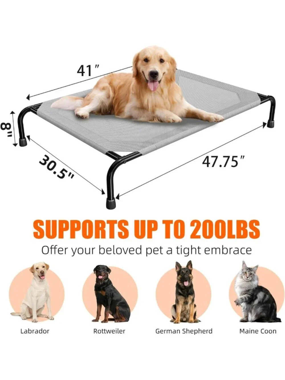 Elevated Waterproof Dog Bed for Large Pets, Outdoor Cooling Cot, 200lb Capacity